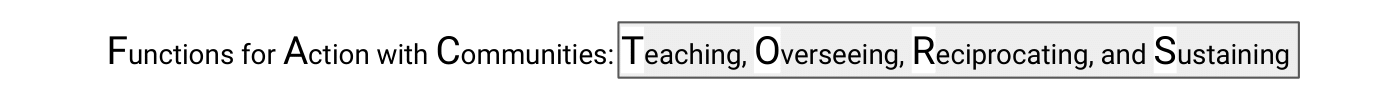 Functions for Action with Communities: Teaching, Overseeing, Reciprocating, Sustaining